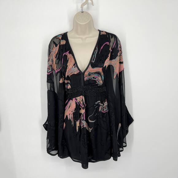 Free People Womens Florence Burnout Cold Shoulder Batwing Party Dress SZ 0 Black - Picture 1 of 14